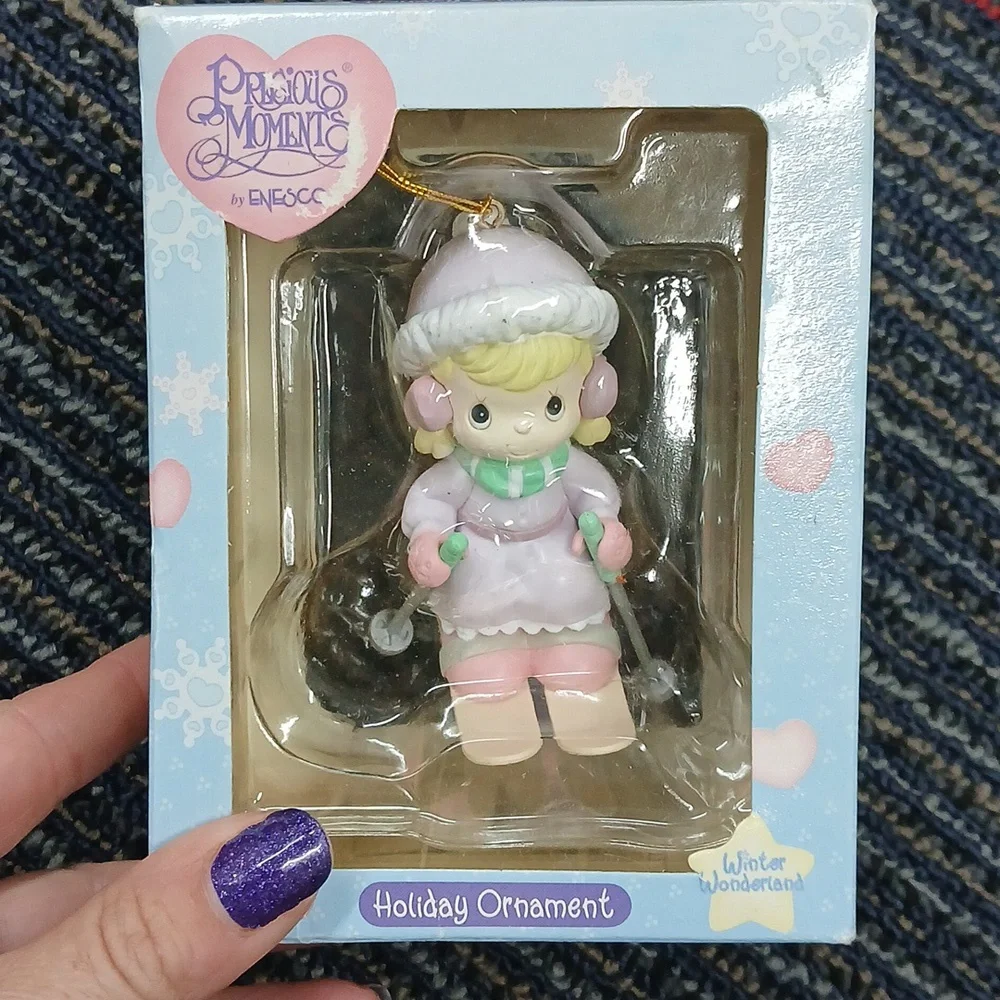 Vintage Precious Moments 1997 Ornament Blond Girl Skiing on Skis Purple Pink